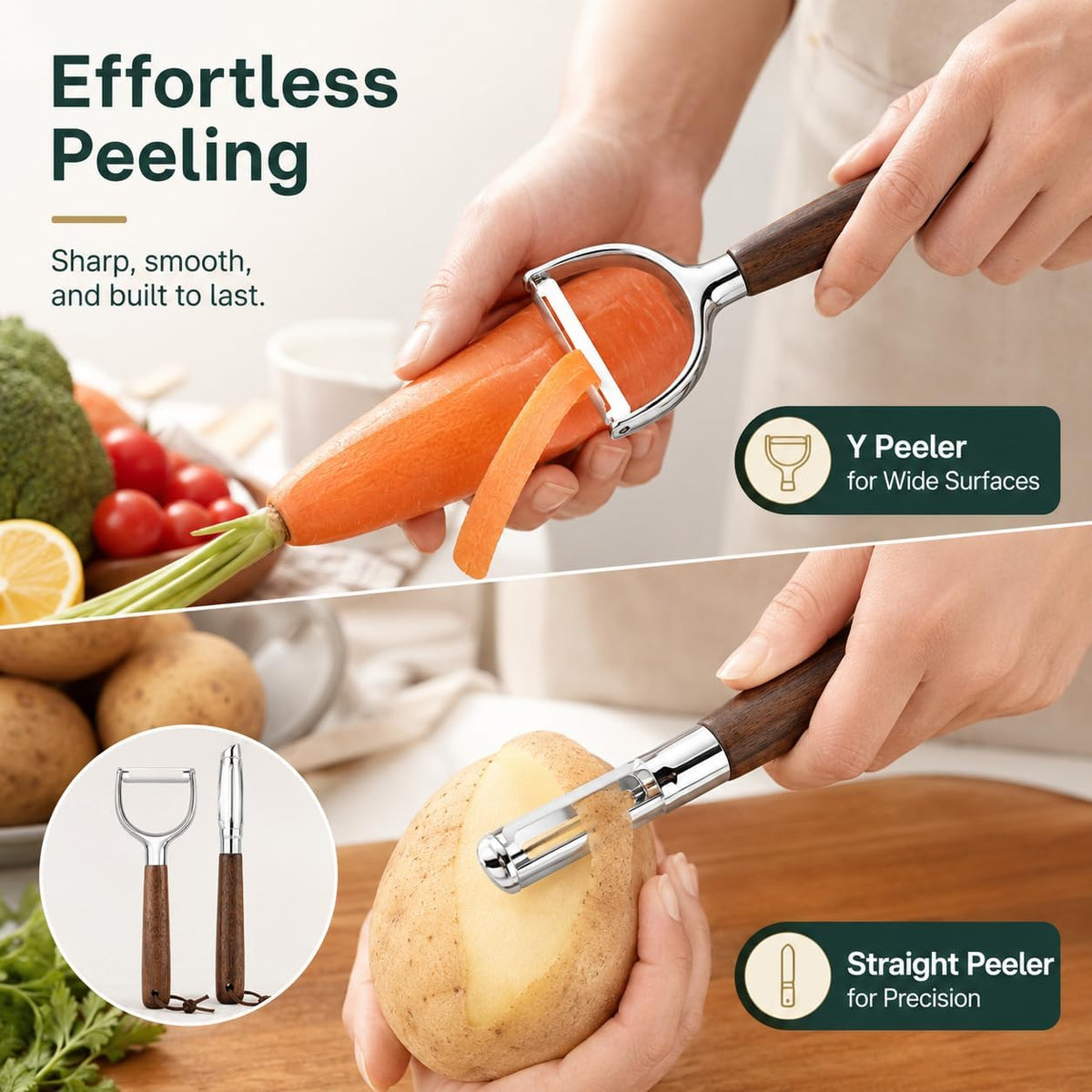 Premium 2-Piece Vegetable Peeler Set – Y & Straight Peeler with Walnut Handle, Stainless Steel Multifunctional Kitchen Tool for Potato, Carrot & Fruit Peeling
