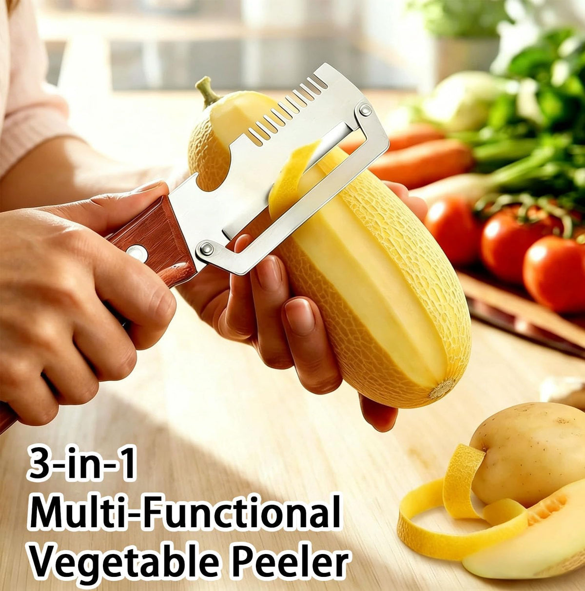 2 Pack Multi-Functional Vegetable Peeler, 3 in 1 Multi Functional Wooden Handle Peeler and Bottle Opener, Kitchen Gadgets Tool for Fruit Pumpkin Peeling Potato Carrot Veggie Peeler