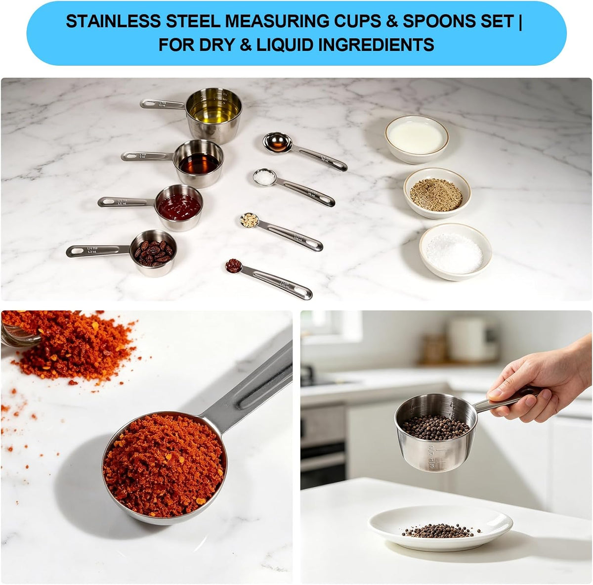 8 PCS Stainless Steel Measuring Cups and Spoons Set, Engraved Metric & US Measurement Measuring Cups and Spoons, Food Grade Metal Measure Cups for Dry & Liquid Kitchen Cooking Baking, Dishwasher Safe