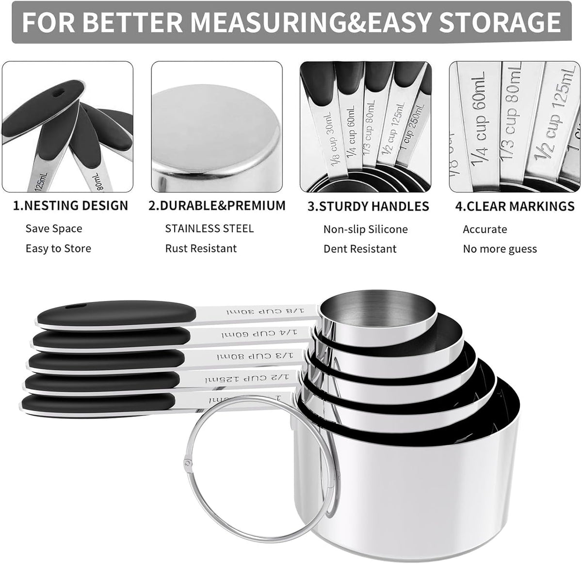 TILUCK Stainless Steel Measuring Cups and Spoons Set with Silicone Handle – Nesting Design for Space-Saving, Heavy Duty & Dishwasher Safe for Dry/Liquid Ingredients, Cooking & Baking (10)