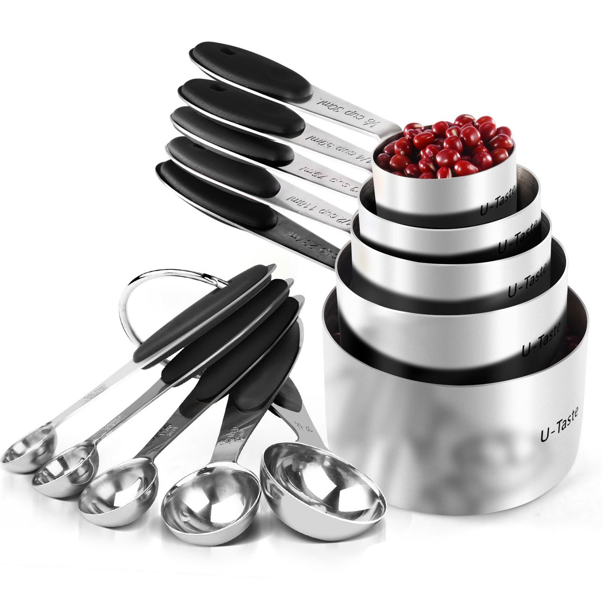 U-Taste Measuring Cups Spoons Set, 18/8 Stainless Steel, 10Pcs, Black