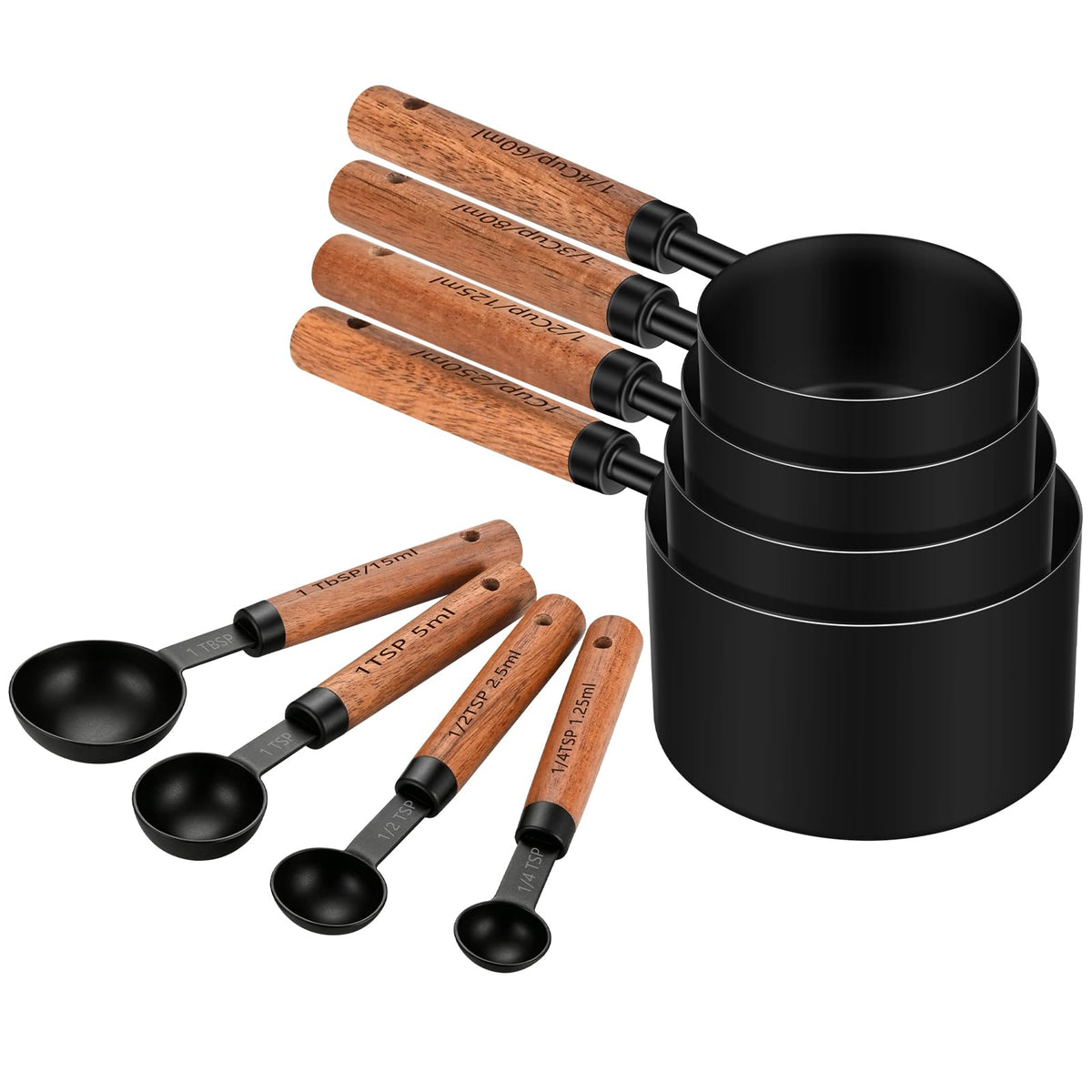 Wooden Handle Measuring Cups & Spoons Set 8-Piece – Stainless Steel, Stackable, Rustic Farmhouse Kitchen Gadgets, Non-Toxic, Dishwasher Safe, Gift for Bakers & New Homeowners