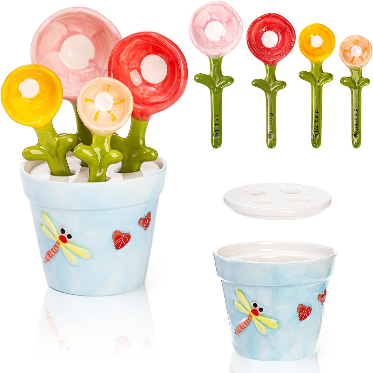 Coloch 5Pcs Ceramic Measuring Spoons and Cup, Flower Baking Scale Spoons with Base Set for Dry and Liquid Ingredient, 1/4 tsp, 1/2 tsp, 1 tsp, 1 Tbsp