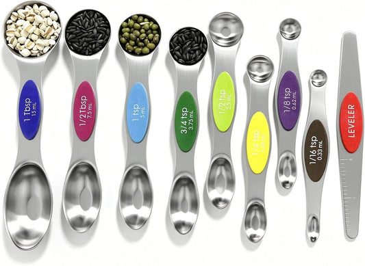 Magnetic Measuring Spoons Set Stainless Steel with Leveler, 9pcs Multicolors Measuring Cups Set for Baking, Measuring Cups and Spoon Set Kitchen Gadgets Apartment Essentials Fits in Spice Jars