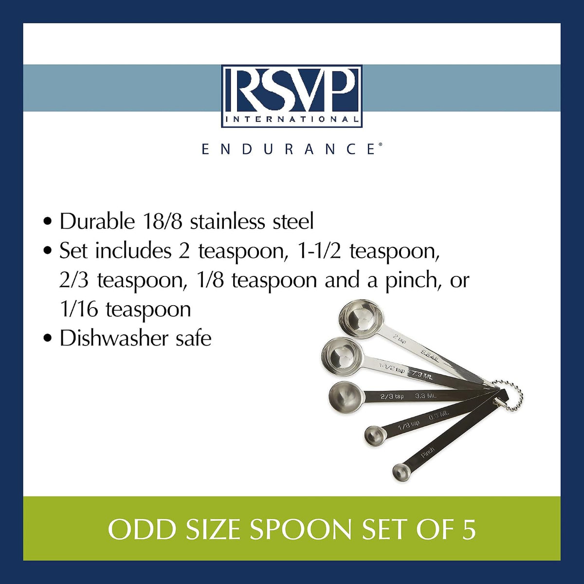RSVP International Endurance Kitchen Collection Measuring Tools, Dishwasher Safe, Odd Sizes, 5 Piece, Stainless Steel