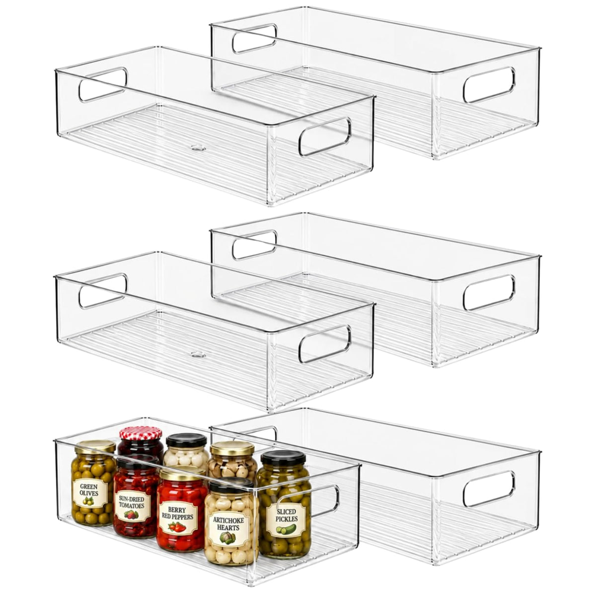 Plastic Food Storage 2 Pack Clear Container Bin with Handles for Organizing Kitchen, Pantry, Refrigerator, Freezer, Pantry, Cabinet, Closet, Bathroom. Stackable 10”x6”x3”
