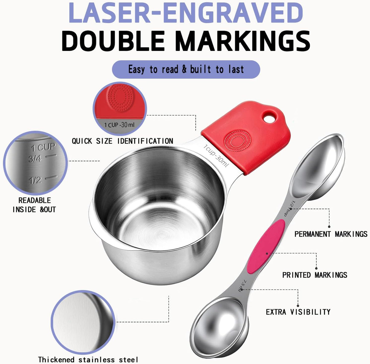 Stainless Steel Magnetic Measuring Cups and Spoons Set, 5 Nesting Magnetic Measuring Cup, 7 Magnetic Measuring Spoons, 1 Leveler for Liquid & Dry
