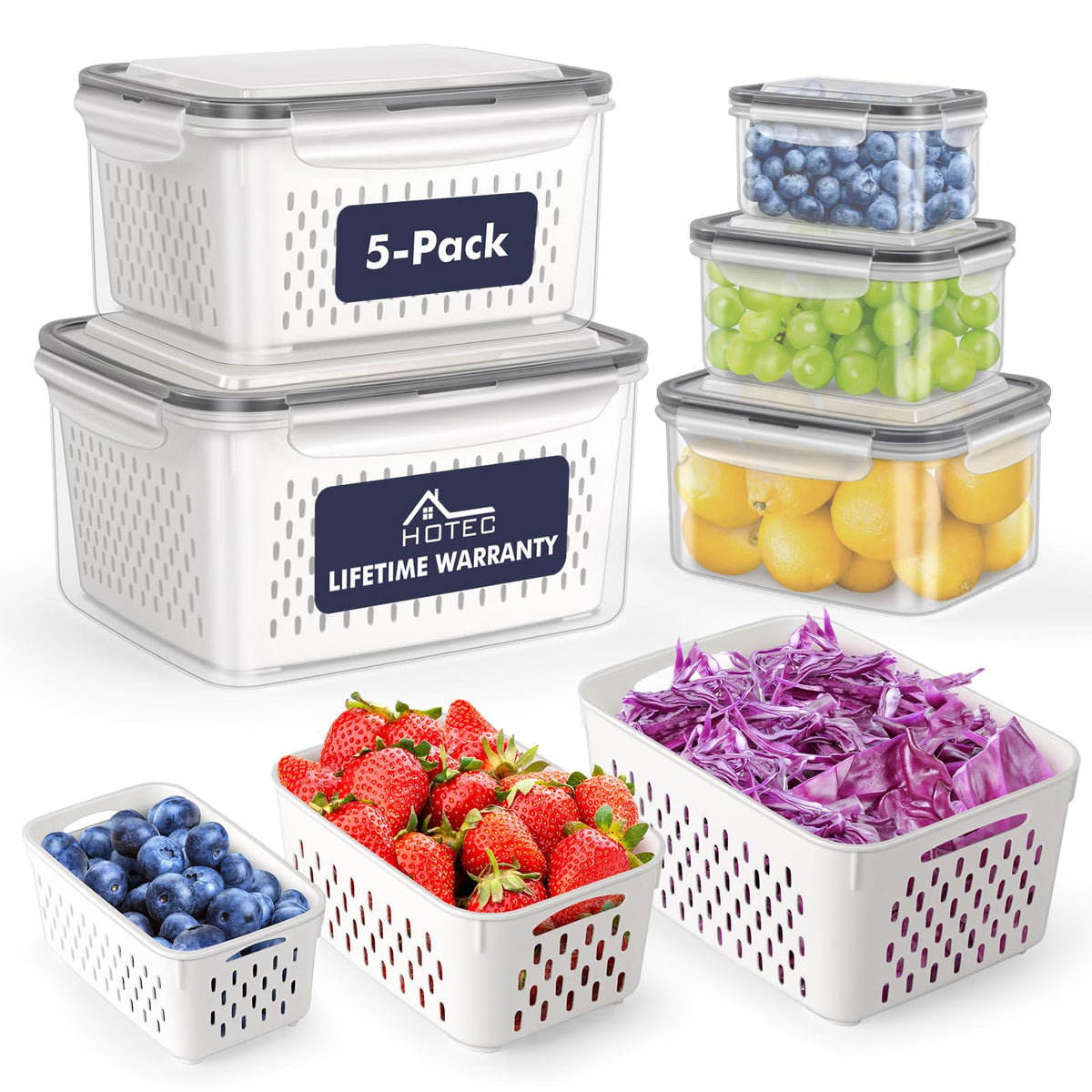 HOTEC 5-Pack Fruit Storage Container for Fridge, 4.15L