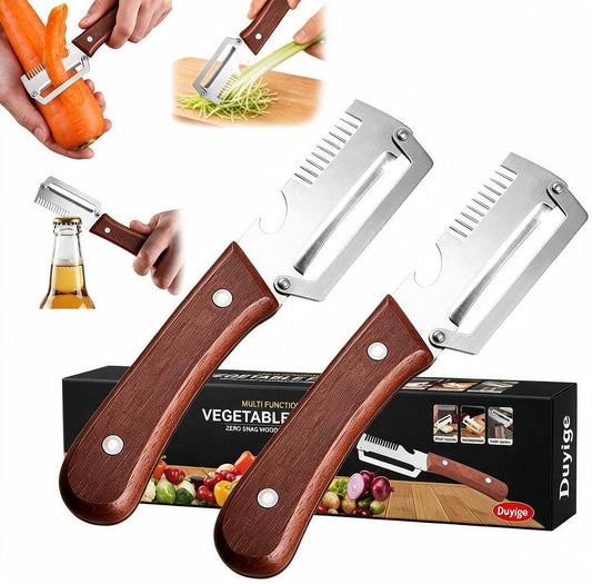 3-in-1 Vegetable Peeler with Scallion Shredder & Bottle Opener, Professional Stainless Steel Potato Peeler with Ergonomic Wood Handle, Rust-Resistant & Heavy Duty Kitchen Tool (2)