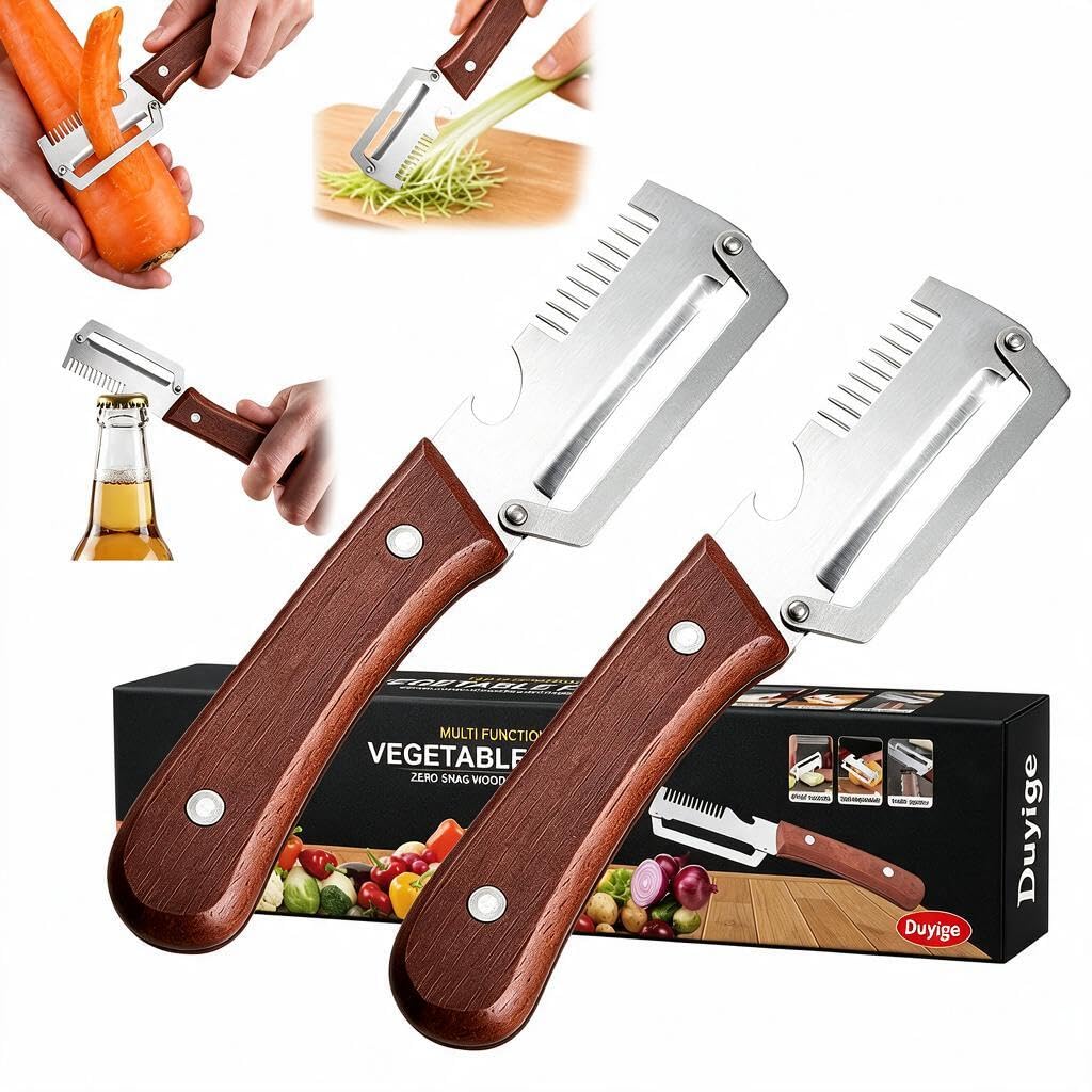 3-in-1 Vegetable Peeler with Scallion Shredder & Bottle Opener, Professional Stainless Steel Potato Peeler with Ergonomic Wood Handle, Rust-Resistant & Heavy Duty Kitchen Tool (2)