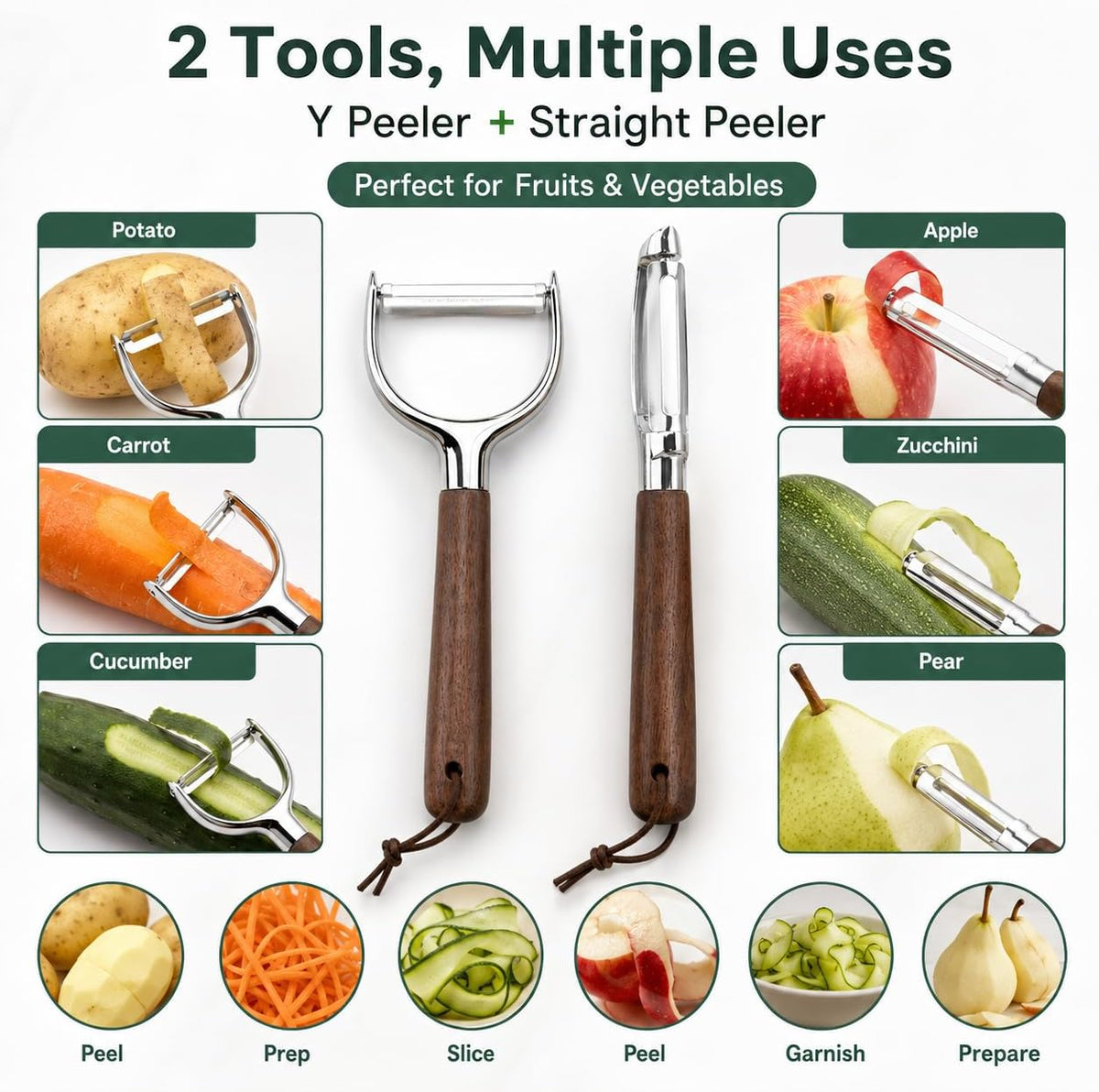 Premium 2-Piece Vegetable Peeler Set – Y & Straight Peeler with Walnut Handle, Stainless Steel Multifunctional Kitchen Tool for Potato, Carrot & Fruit Peeling