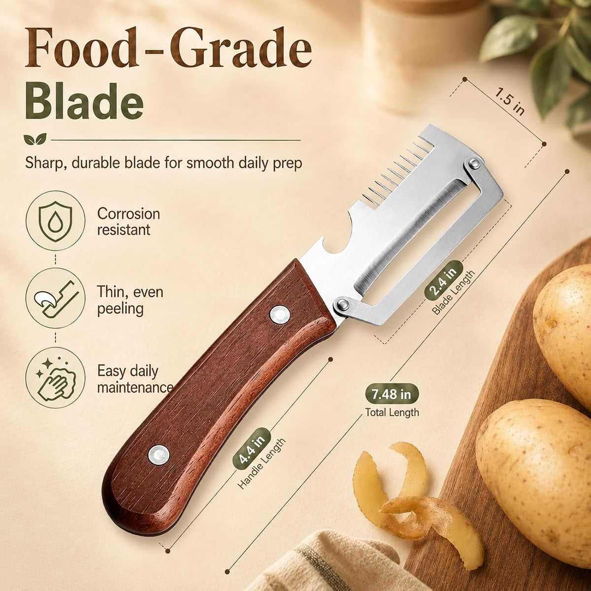 2026 Upgrade 3 in 1 Vegetable Peeler with Scallion Shredder & Bottle Opener, Professional Stainless Steel Potato Peeler with Ergonomic Wood Handle, Rust-Resistant & Heavy Duty Kitchen Tool (2)