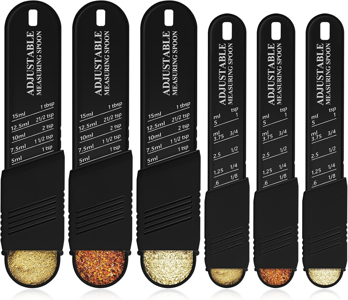 Meanplan 6 Pcs Adjustable Measuring Spoons, Baking Cooking, 2 Sizes, Black