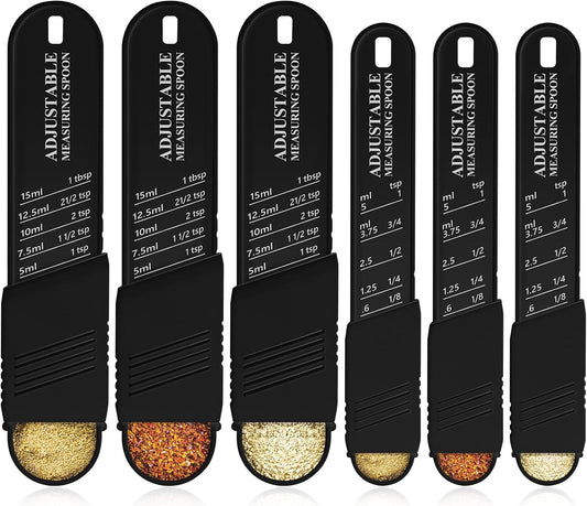 Meanplan 6 Pcs Adjustable Measuring Spoons, Baking Cooking, 2 Sizes, Black