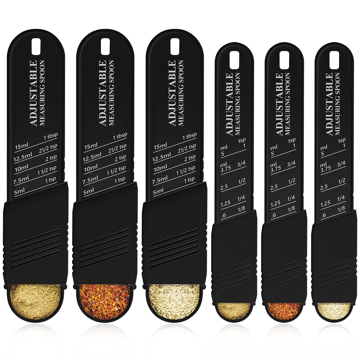 Meanplan 6 Pcs Adjustable Measuring Spoons, Baking Cooking, 2 Sizes, Black