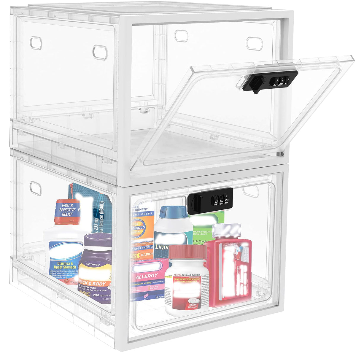 Medicine Lock Box for Safe Medication, 10L Lockable Storage Box for Fridge/Snacks Food, Phone Lock Boxes with Combination Code for Home/Dorms/Office Storage (1, Translucent White)