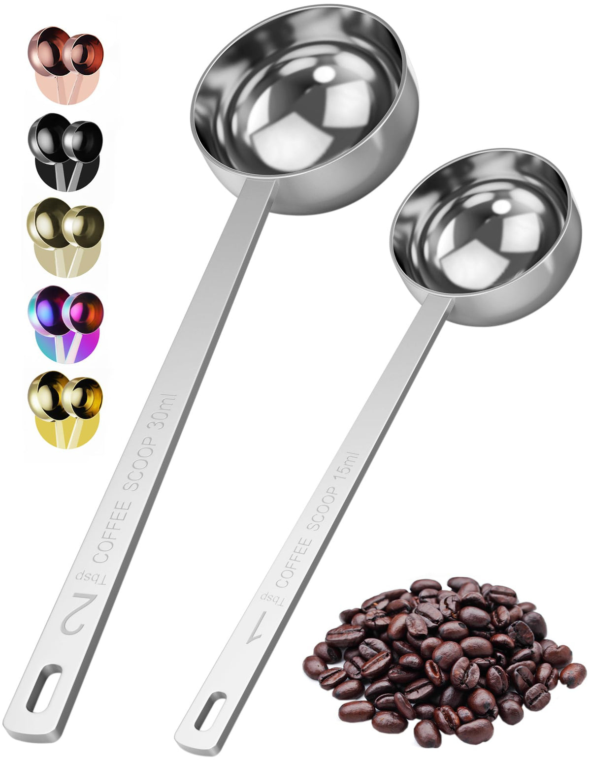 Orblue Premium Coffee Scoop Set - 1 Tbsp (15ml) & 2 Tbsp (30ml) Measuring Tablespoon - Stainless Steel Coffee Measuring Spoon and Scooper with Long Handles - Pack of 2 - Gold