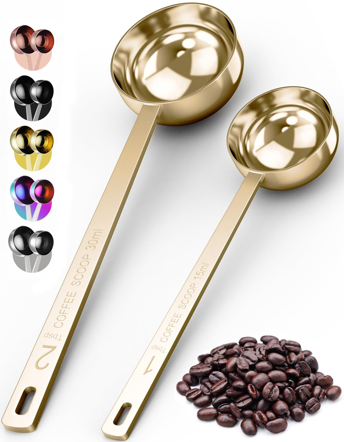 Orblue Premium Coffee Scoop Set - 1 Tbsp (15ml) & 2 Tbsp (30ml) Measuring Tablespoon - Stainless Steel Coffee Measuring Spoon and Scooper with Long Handles - Pack of 2 - Gold