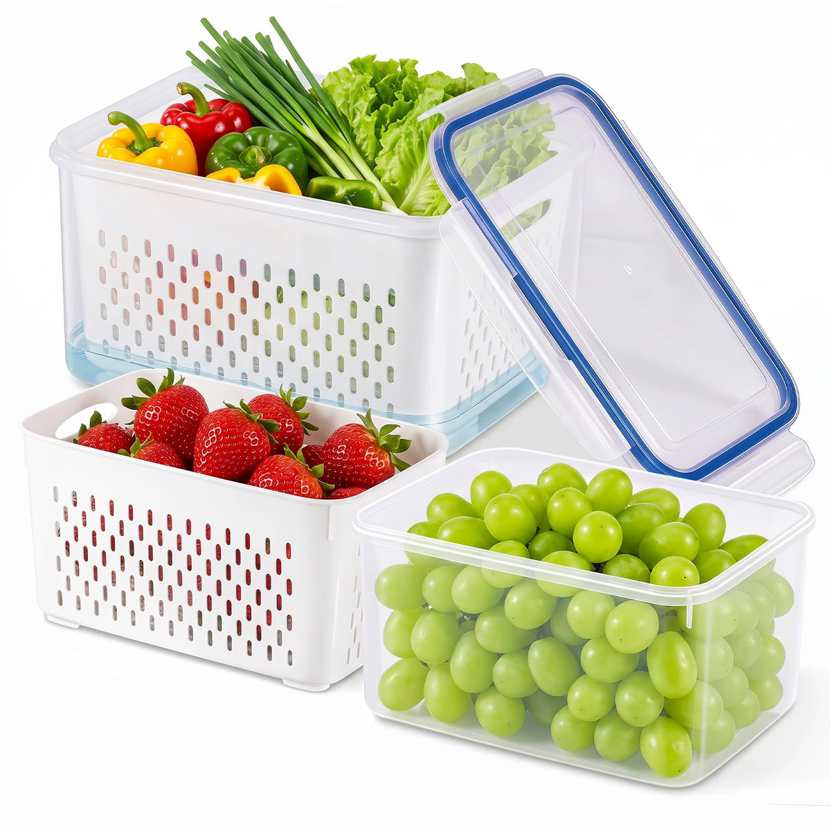 3pcs 4 in 1 Fruit Storage Containers for Fridge with Removable Colanders