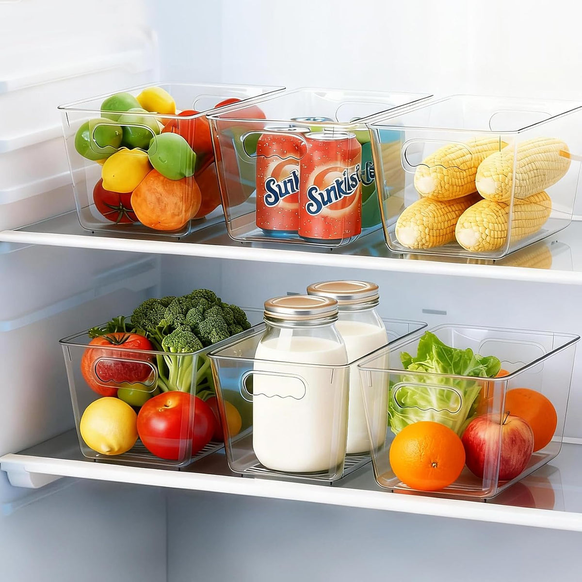 Clear Fridge Organizer Bins with Handles, 4 Pack Medium 10×6×5 Inch