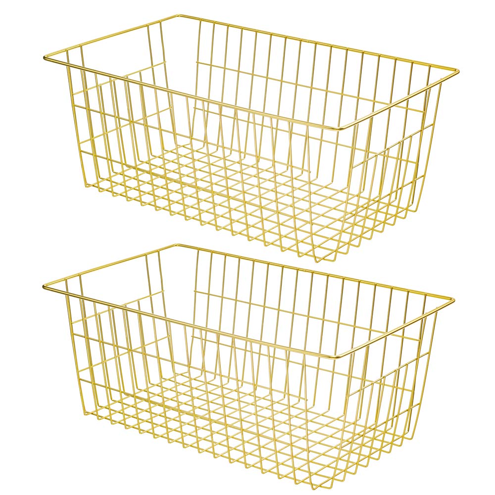 SANNO Freezer Baskets Wire Farmhouse Large Organizer Storage Bins Rack for Storage, Office, Bathroom, Pantry Organization with Handles-Set of 2, 15.7"