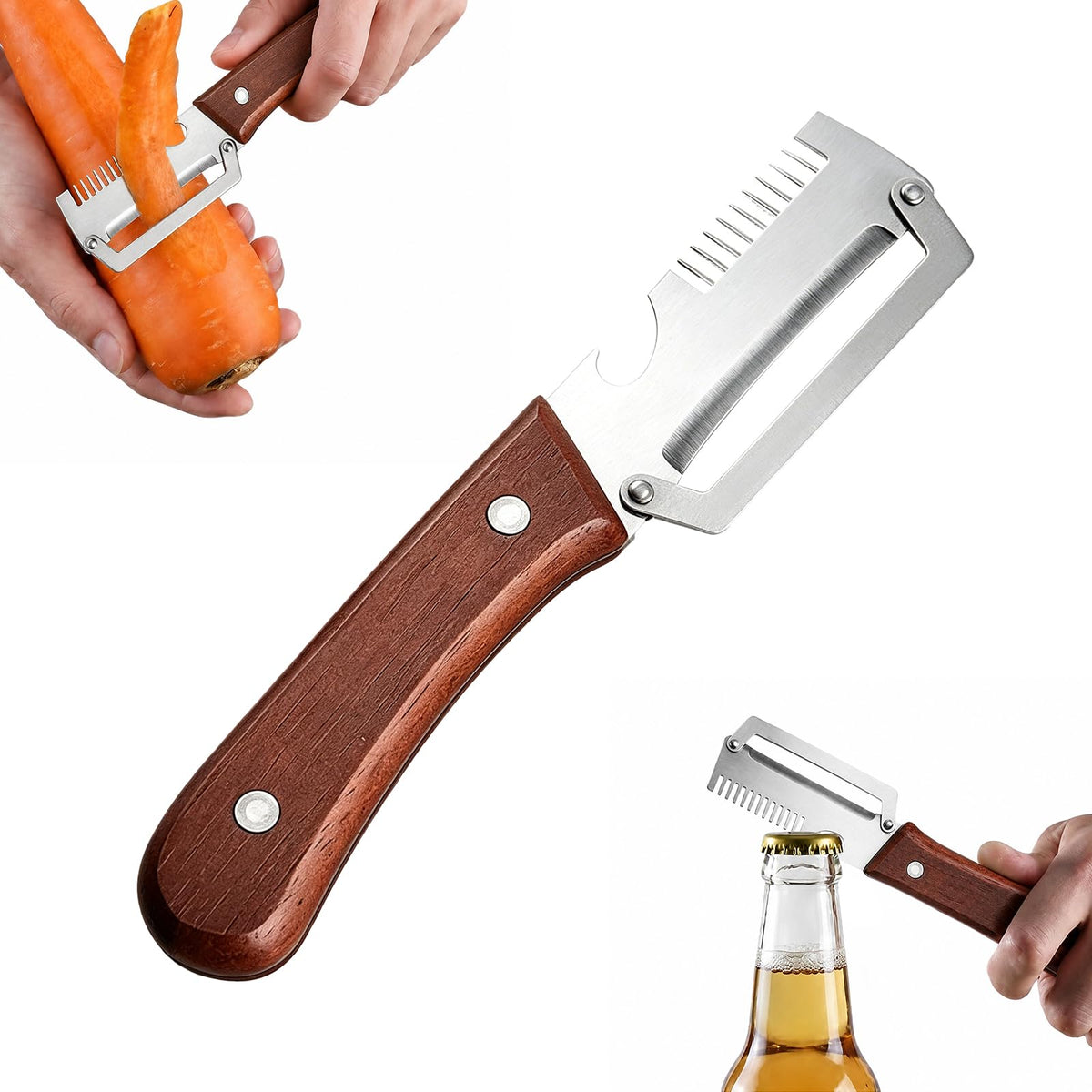 2026 Upgrade 3 in 1 Vegetable Peeler with Scallion Shredder & Bottle Opener, Professional Stainless Steel Potato Peeler with Ergonomic Wood Handle, Rust-Resistant & Heavy Duty Kitchen Tool (2)
