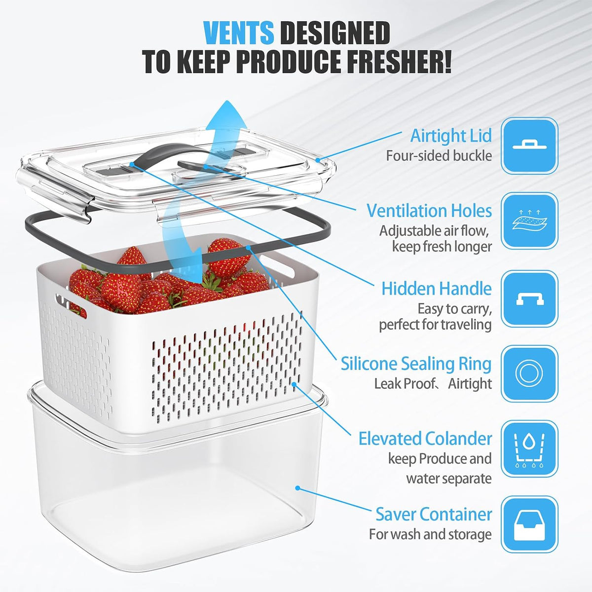 damynuo 5 Pack Fruit Storage Containers for Fridge with Colander, Vent, Lid