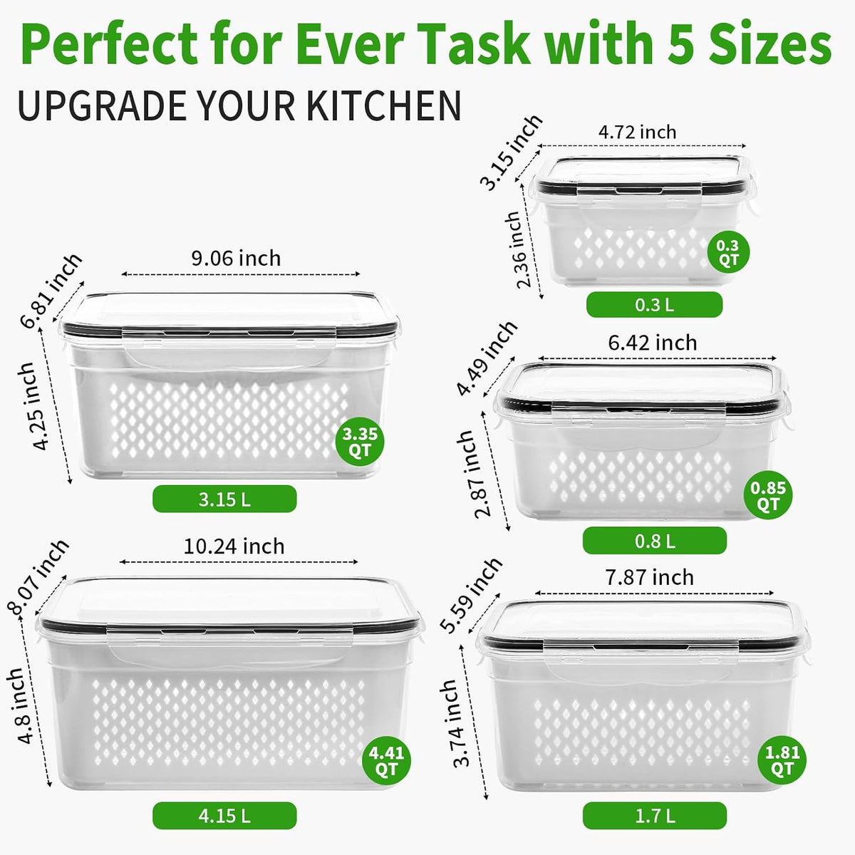 PRAKI Fruit Storage Containers for Fridge with Removable Colander, 5-Pack