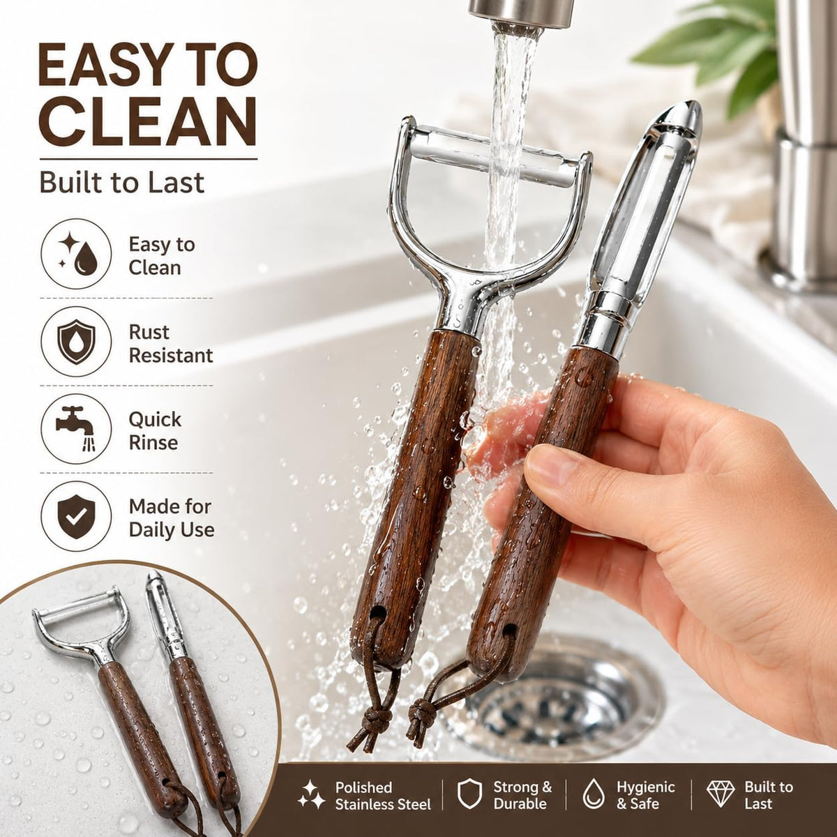 Premium 2-Piece Vegetable Peeler Set – Y & Straight Peeler with Walnut Handle, Stainless Steel Multifunctional Kitchen Tool for Potato, Carrot & Fruit Peeling