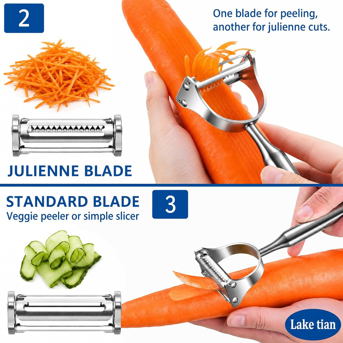 Julienne Peeler, 2-in-1 Stainless Steel Vegetable Peeler & Shredder