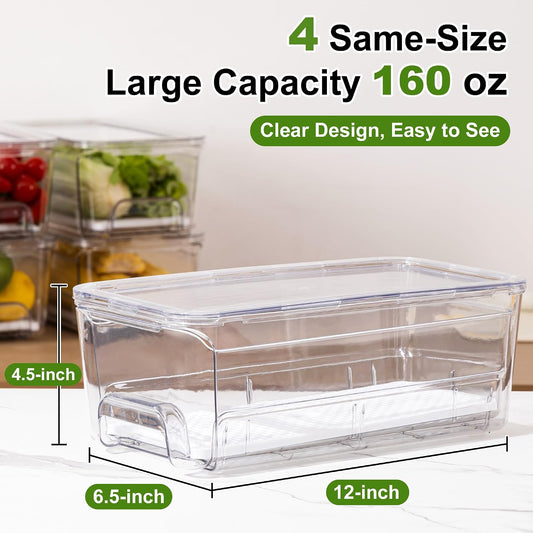 ANDGOO Pull-Out Fridge Organizer Bins, 4-Pack, Drain Tray, Clear