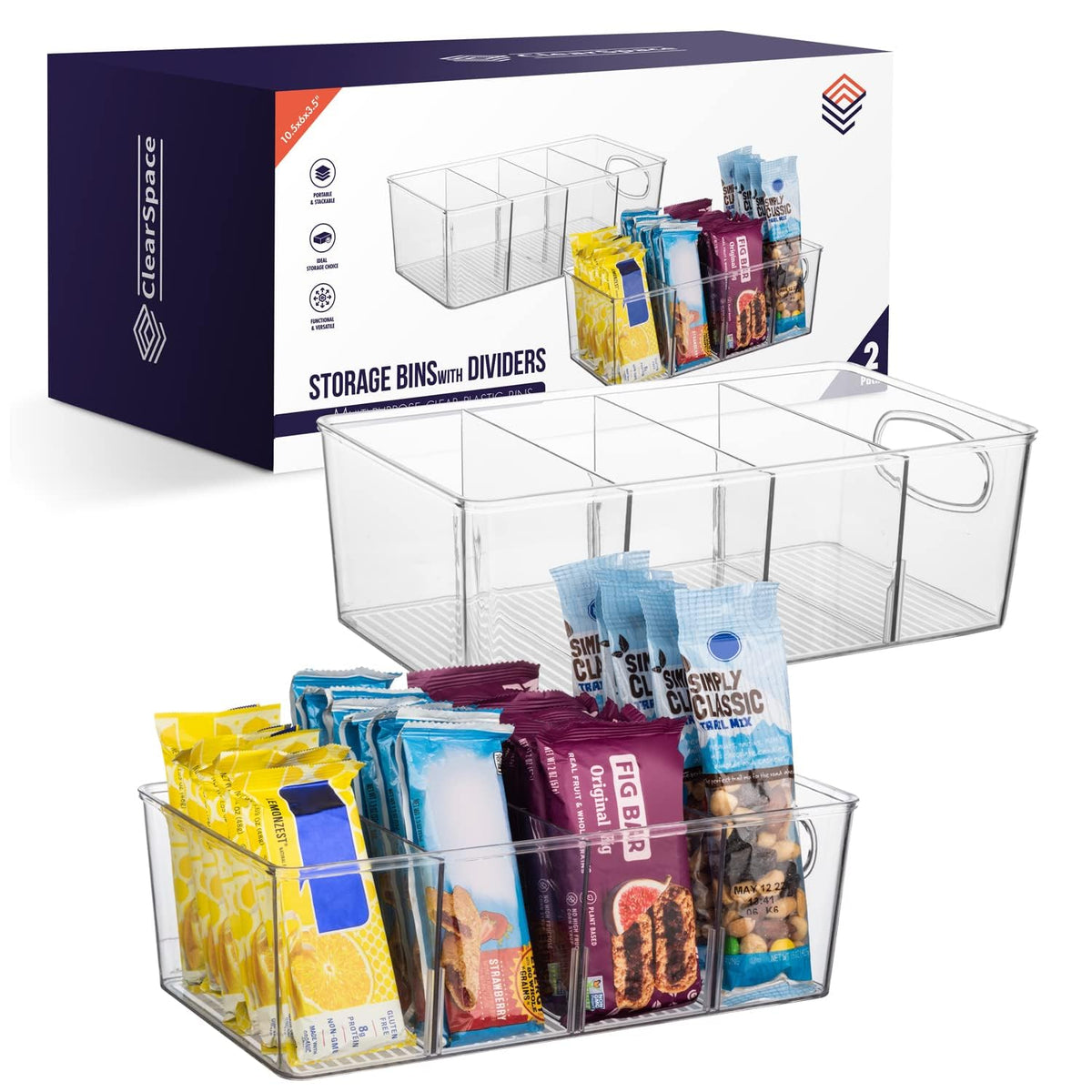 ClearSpace Pantry Storage Bins with Removable Dividers, XL, 2 Pack