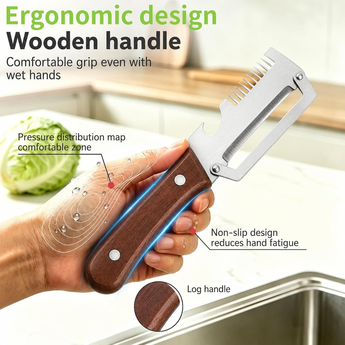 3-in-1 Vegetable Peeler with Scallion Shredder & Bottle Opener, Professional Stainless Steel Potato Peeler with Ergonomic Wood Handle, Rust-Resistant & Heavy Duty Kitchen Tool (2)