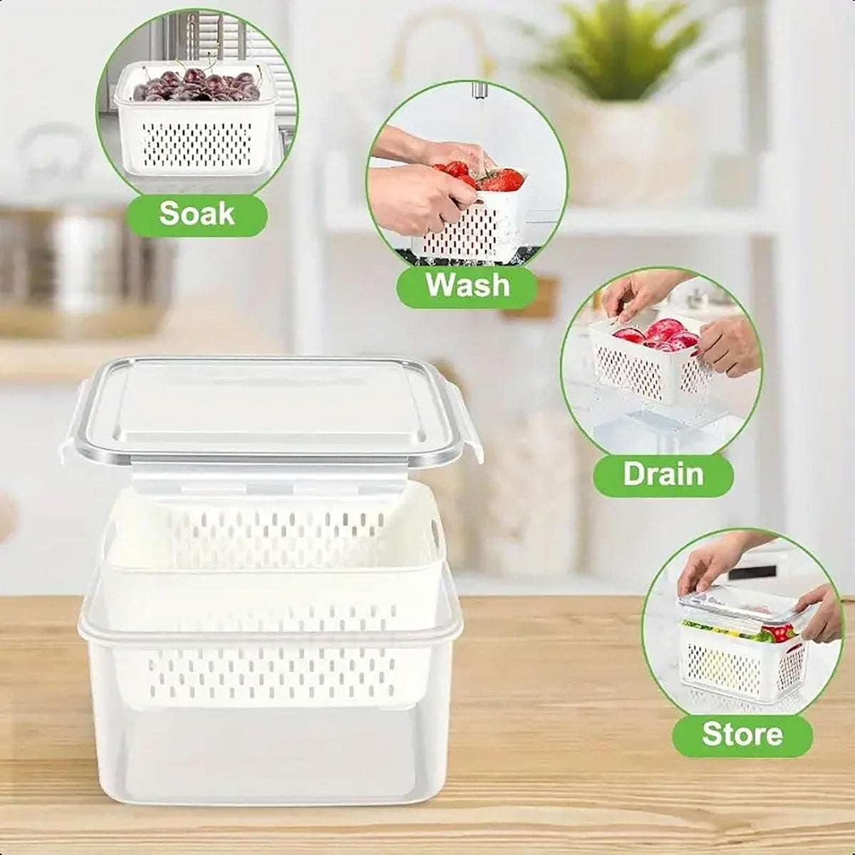 3pcs 4 in 1 Fruit Storage Containers for Fridge with Removable Colanders