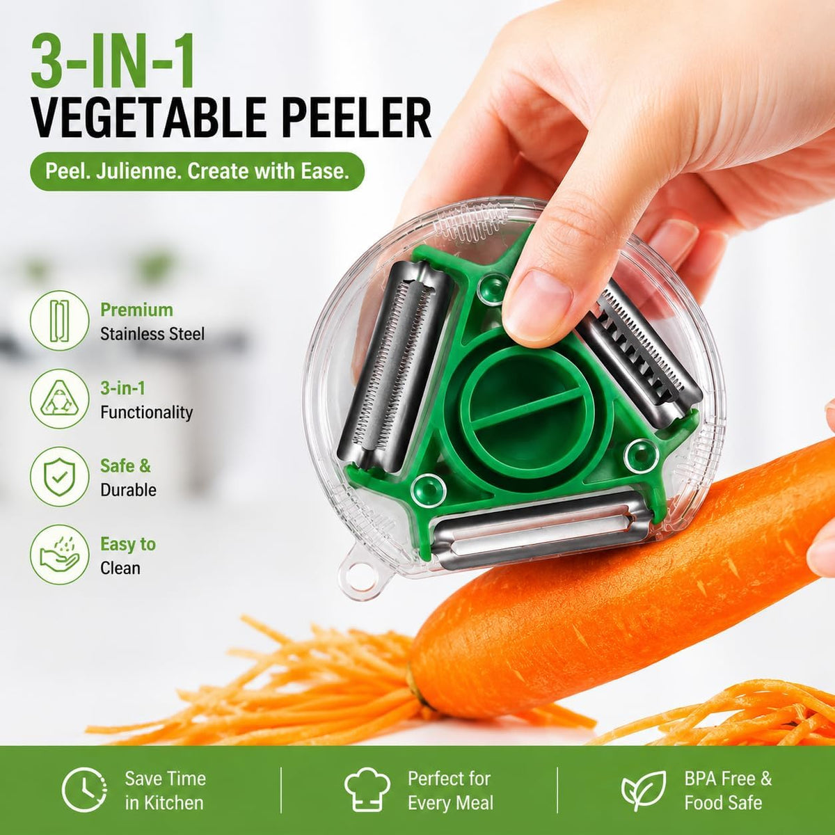 Vegetable Peeler and Paring Knife Set, 3-in-1 Rotary Vegetable Peeler, Ultra Sharp Stainless Steel Blades, Soft Grip Ergonomic Handle, Kitchen Tool, Veggie, Fruit, Potato, Apple, 2-Piece Set-Green