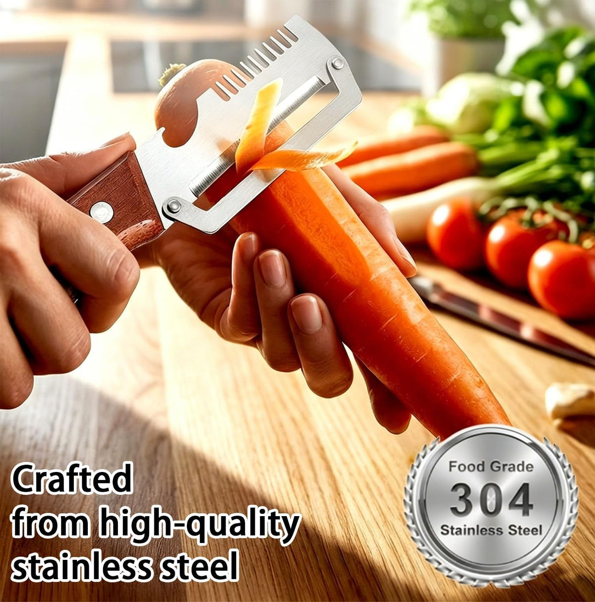 2 Pack Multi-Functional Vegetable Peeler, 3 in 1 Multi Functional Wooden Handle Peeler and Bottle Opener, Kitchen Gadgets Tool for Fruit Pumpkin Peeling Potato Carrot Veggie Peeler
