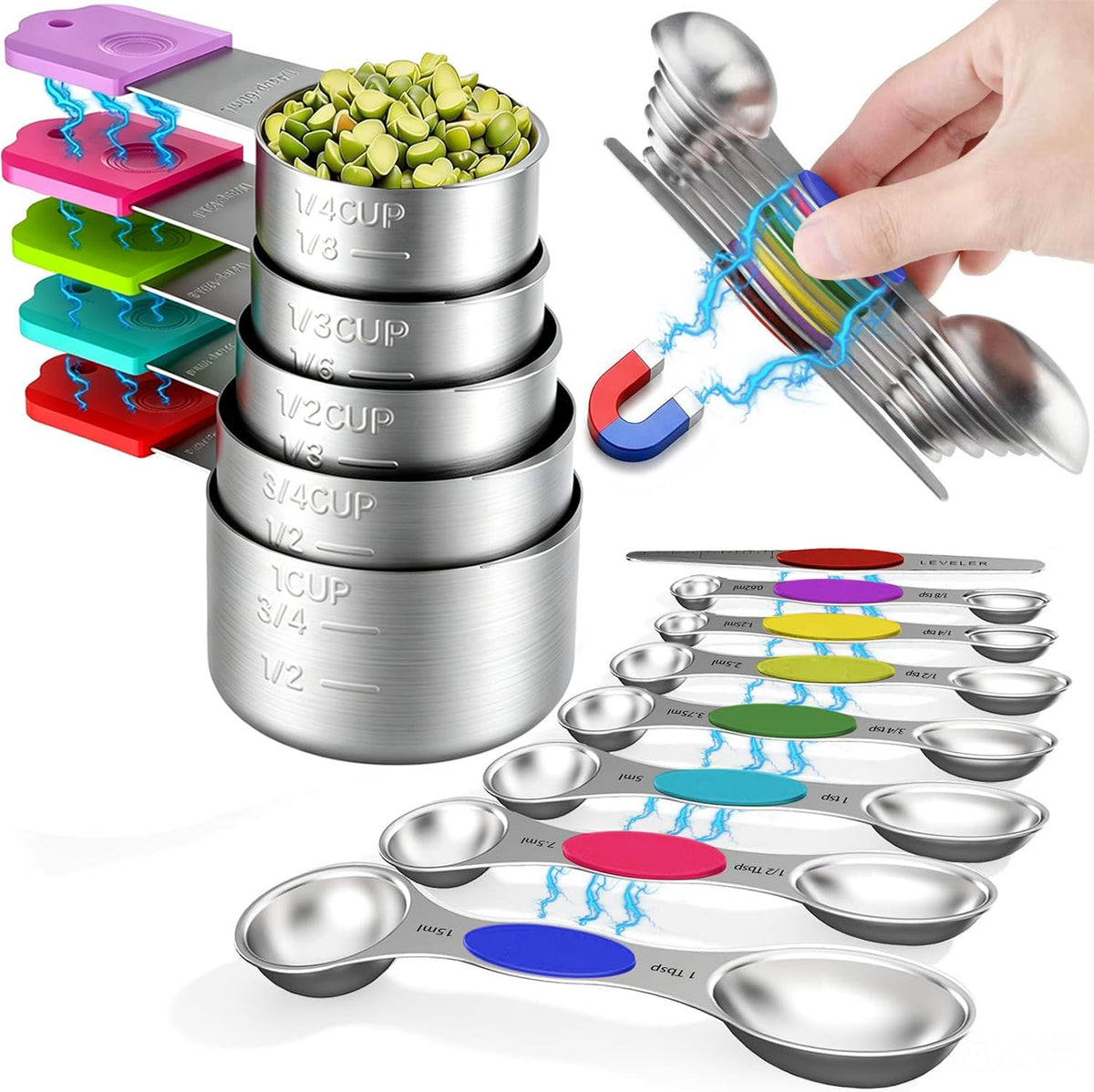 Stainless Steel Magnetic Measuring Cups and Spoons Set, 5 Nesting Magnetic Measuring Cup, 7 Magnetic Measuring Spoons, 1 Leveler for Liquid & Dry