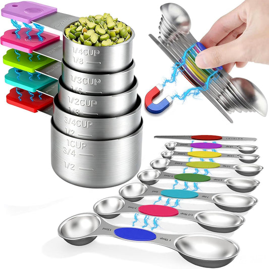 Stainless Steel Magnetic Measuring Cups and Spoons Set, 5 Nesting Magnetic Measuring Cup, 7 Magnetic Measuring Spoons, 1 Leveler for Liquid & Dry