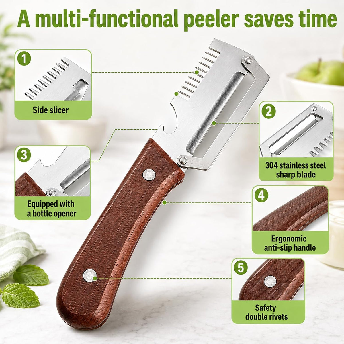 3-in-1 Vegetable Peeler with Scallion Shredder & Bottle Opener, Professional Stainless Steel Potato Peeler with Ergonomic Wood Handle, Rust-Resistant & Heavy Duty Kitchen Tool (2)