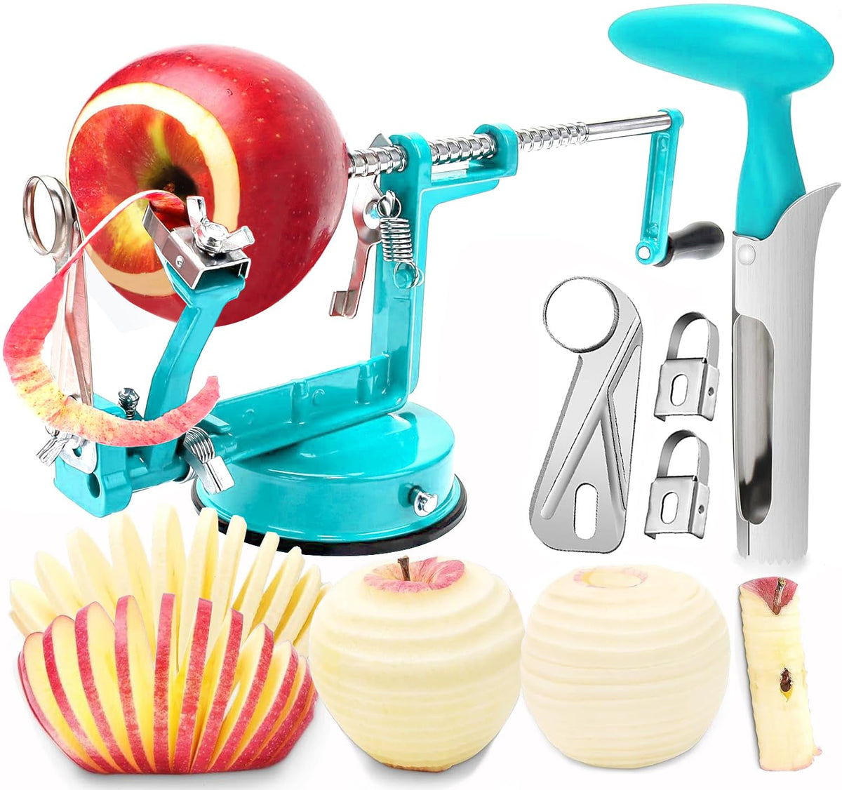 Apple Peeler Corer, 5 In 1 Apple Peeler Slicer Corer with Stainless Steel Blades and Powerful Suction Base for Apples and Potatoes(Ruby)