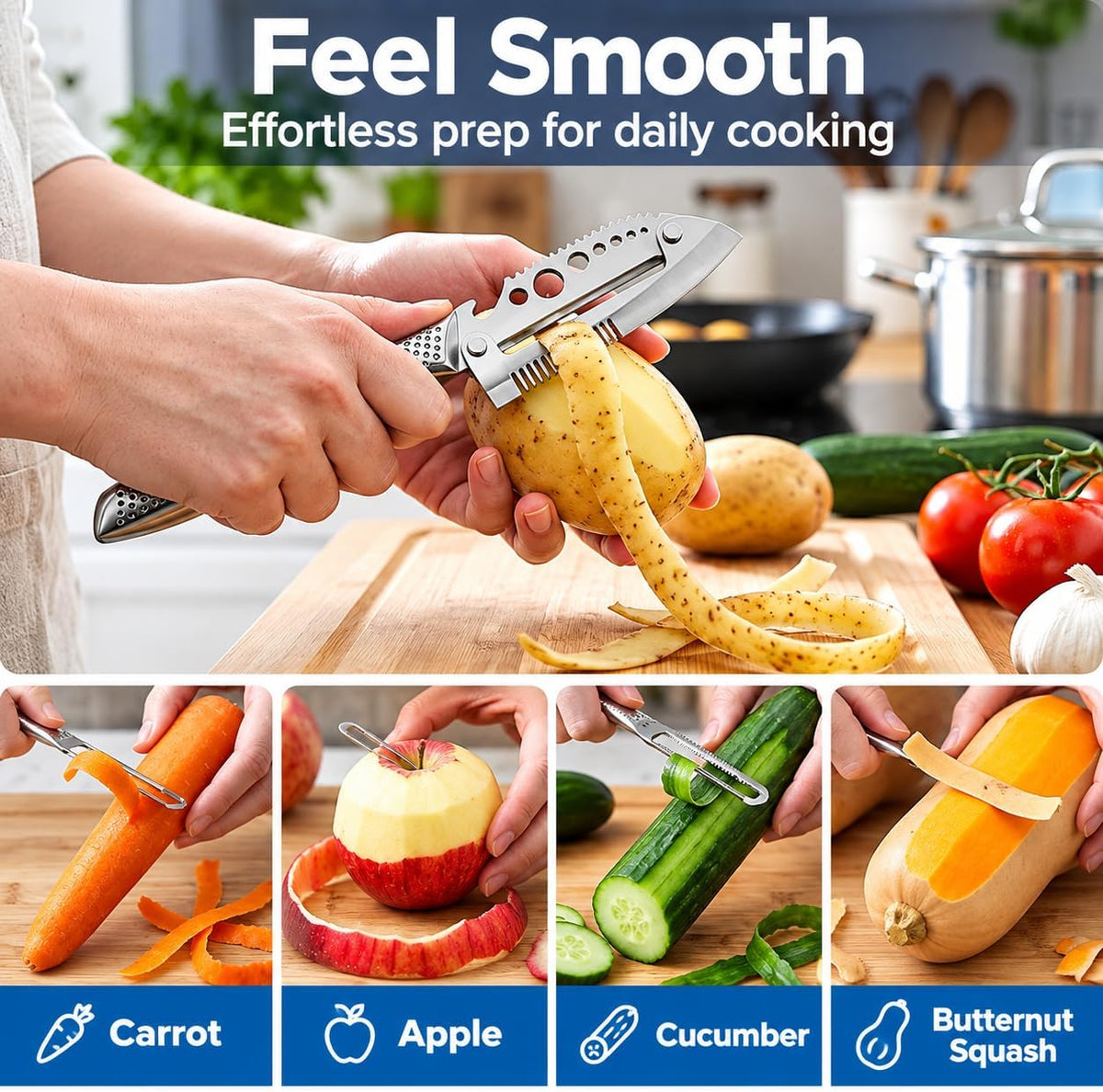 7 in 1 All Stainless Steel Multi Functional Vegetable Peeler for Kitchen, Smooth Potato Peeler with Herb Stripper, Scallion Shredder, Fish Scaler, Bottle Opner