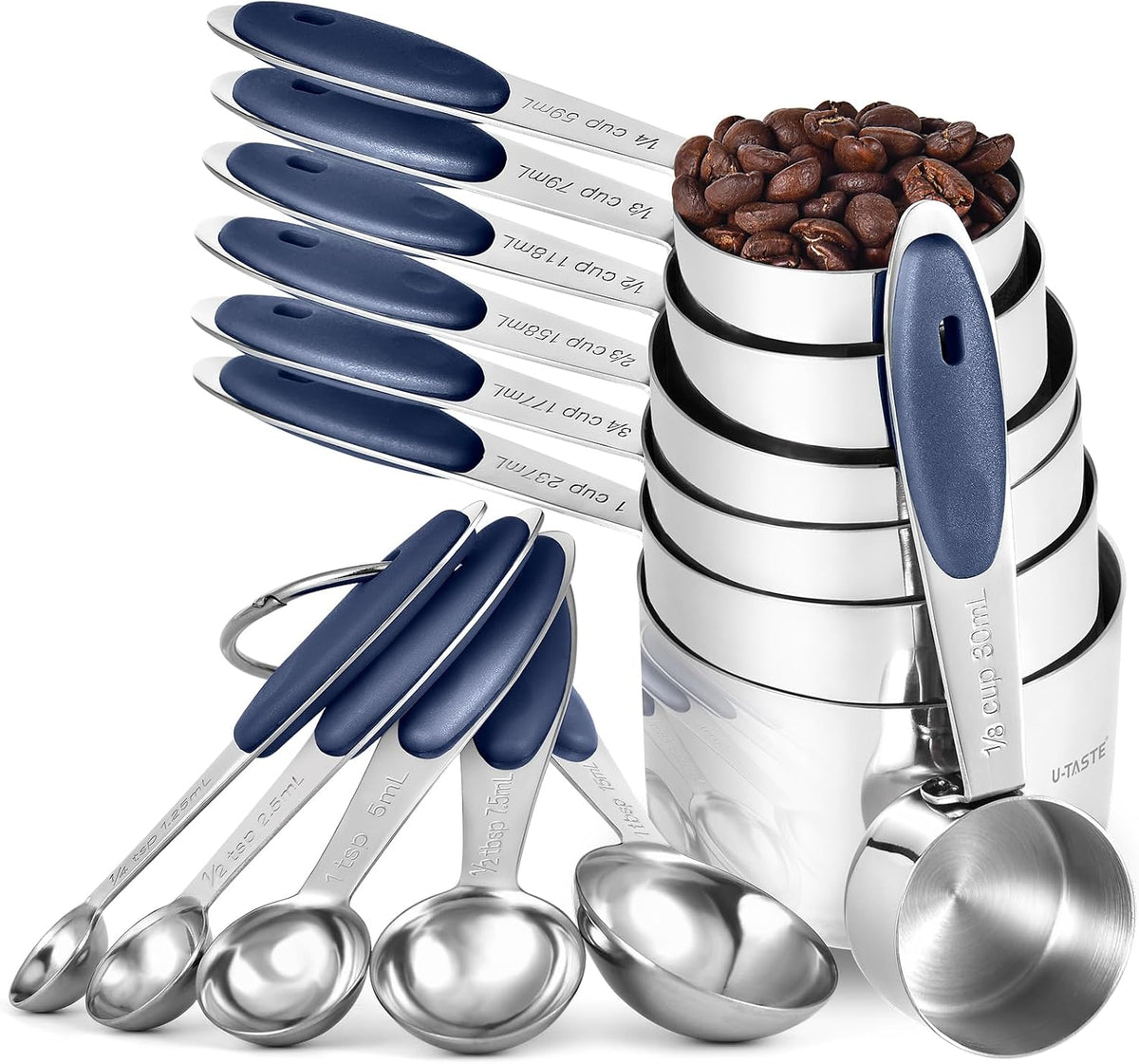 U-Taste Measuring Cups Spoons Set, 18/8 Stainless Steel, 12Pc/Midnight Blue