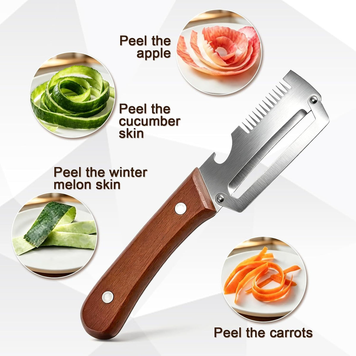 Vegetable Peeler with Wooden Handle, 3-in-1 Stainless Steel Julienne Peelers for Kitchen, Scallion Shredder & Built-in Bottle Opener, Fruit Potato Carrot Pumpkin Peeling Tool, 3 Pack