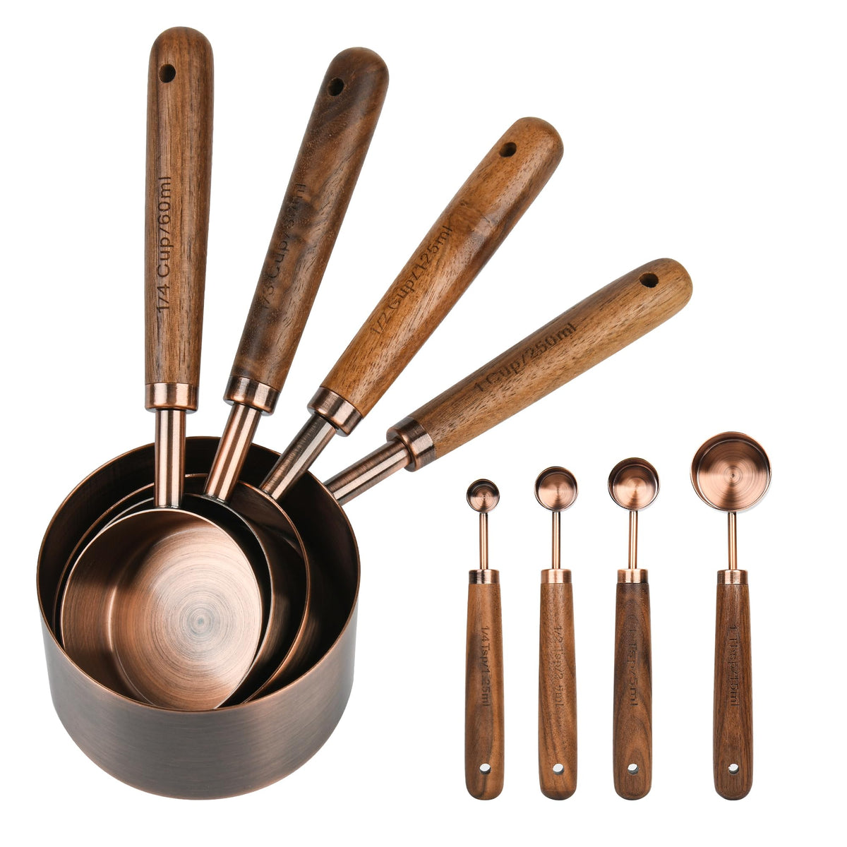Copper Measuring Cups & Spoons Set 8, Stainless Steel Measuring Cups and Spoons Set for Baking and Kitchen, Metric & US Metal Measure Cup & Spoon with Wood Handle for Dry & Liquid