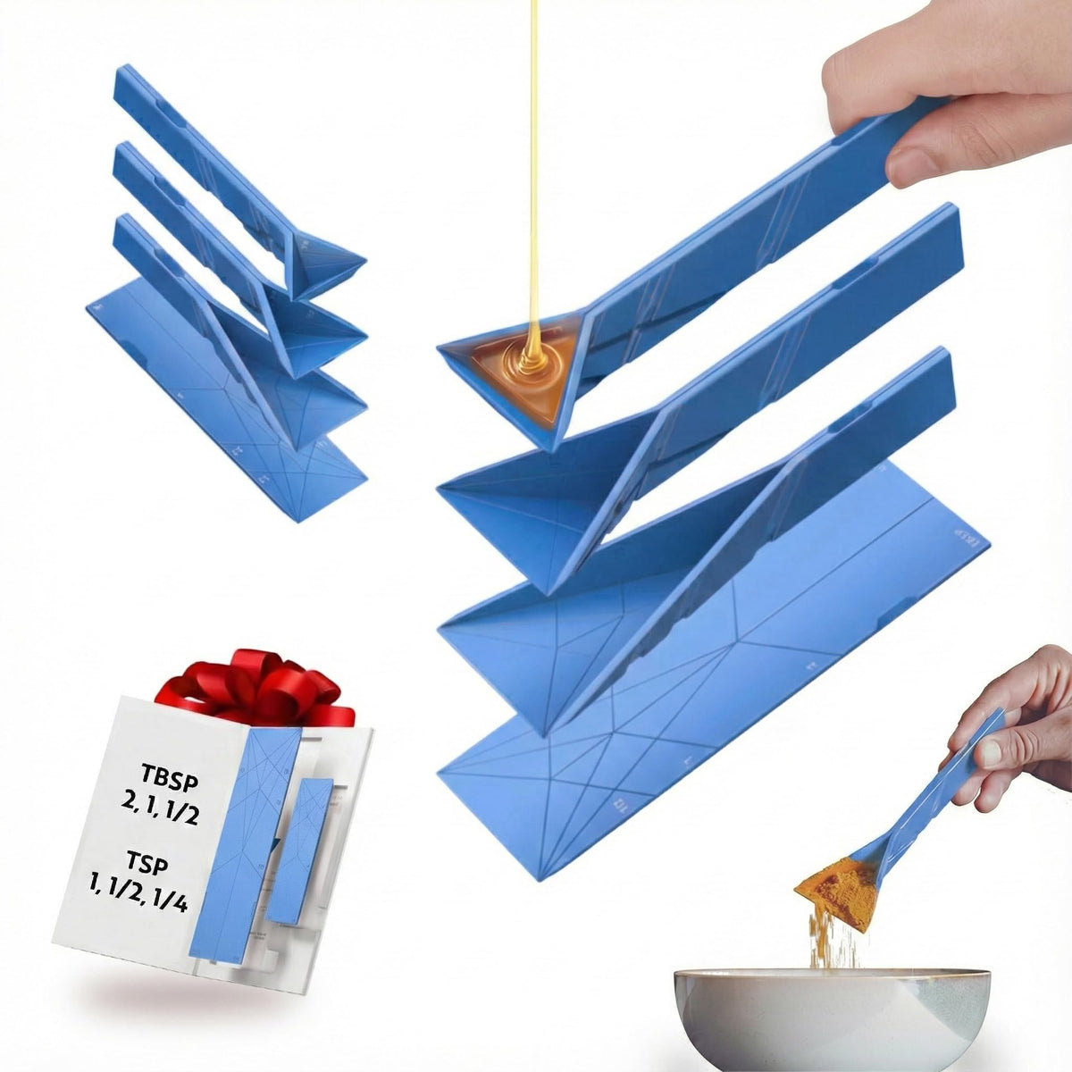 POLYGONS - Original Flat 3-in-1 Folding Measuring Spoons | 2 Spoons fold into 6 Sizes | Magnetic | DuraBend Tech lasts 100k+ folds | LeakProof for Wet & Dry | Gift Packaging | Baking/Cooking (Black)