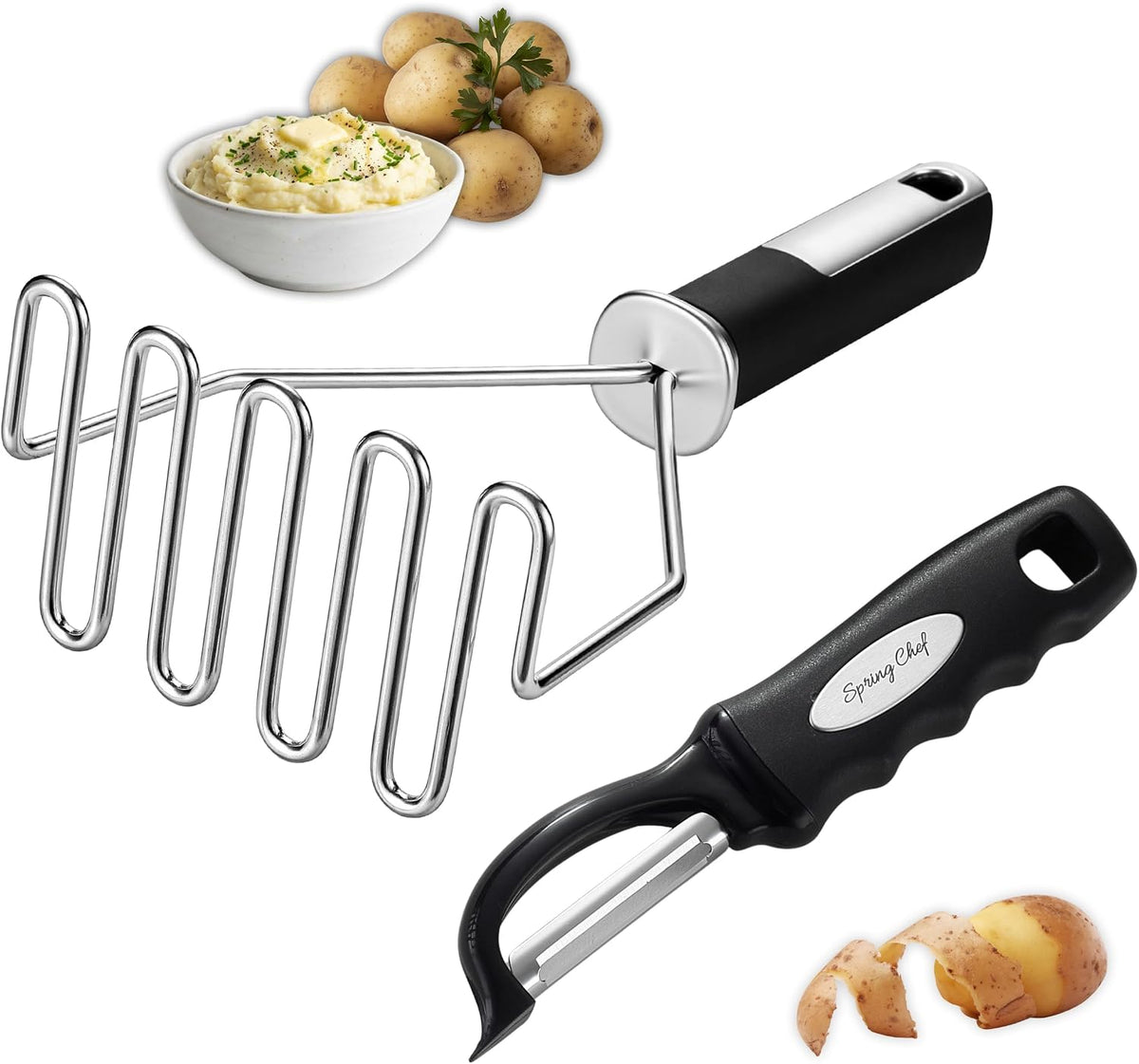 Spring Chef Stainless Steel Potato Masher & Durable Vegetable Peeler Set