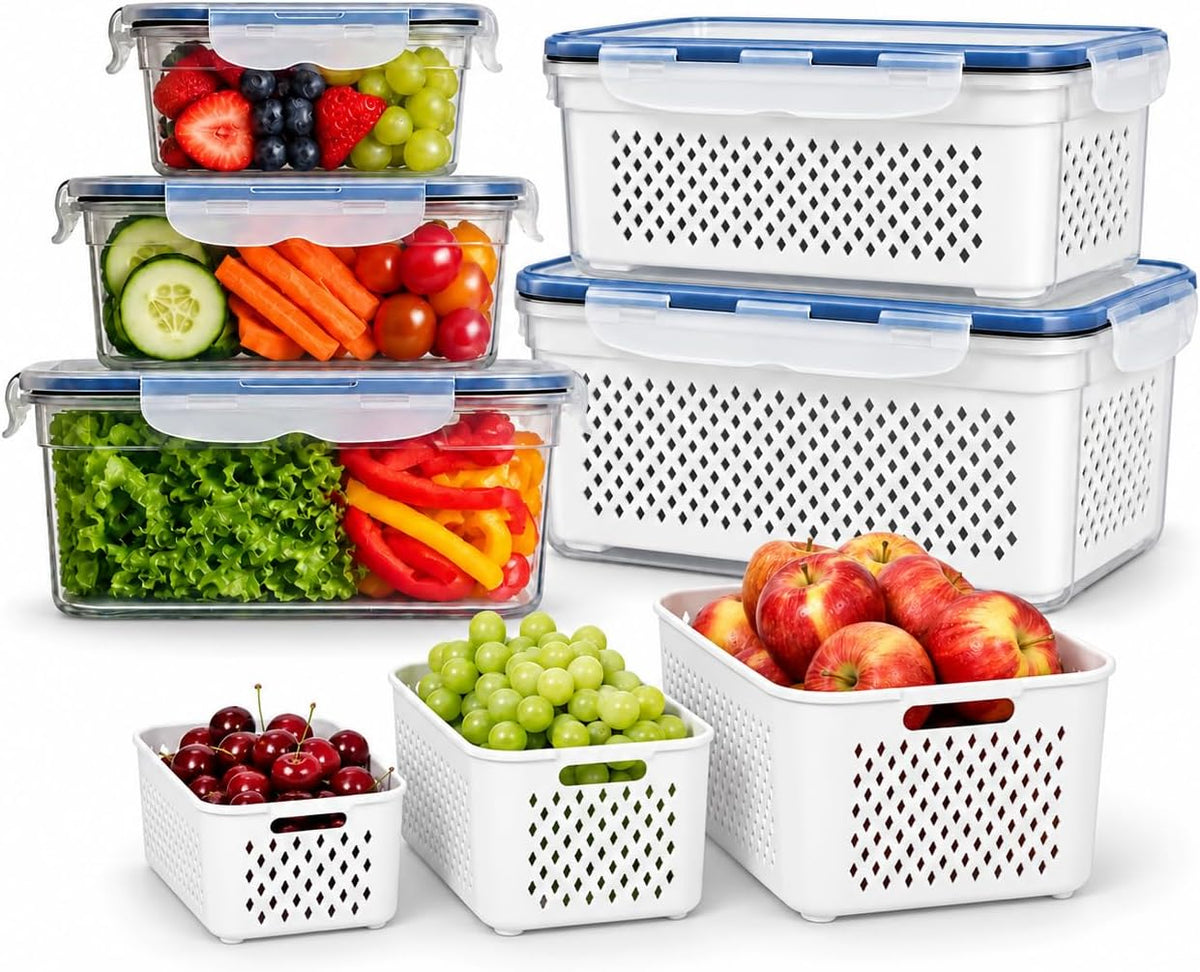 5 Pack Large Fruit Storage Containers for Fridge with Removable Colander
