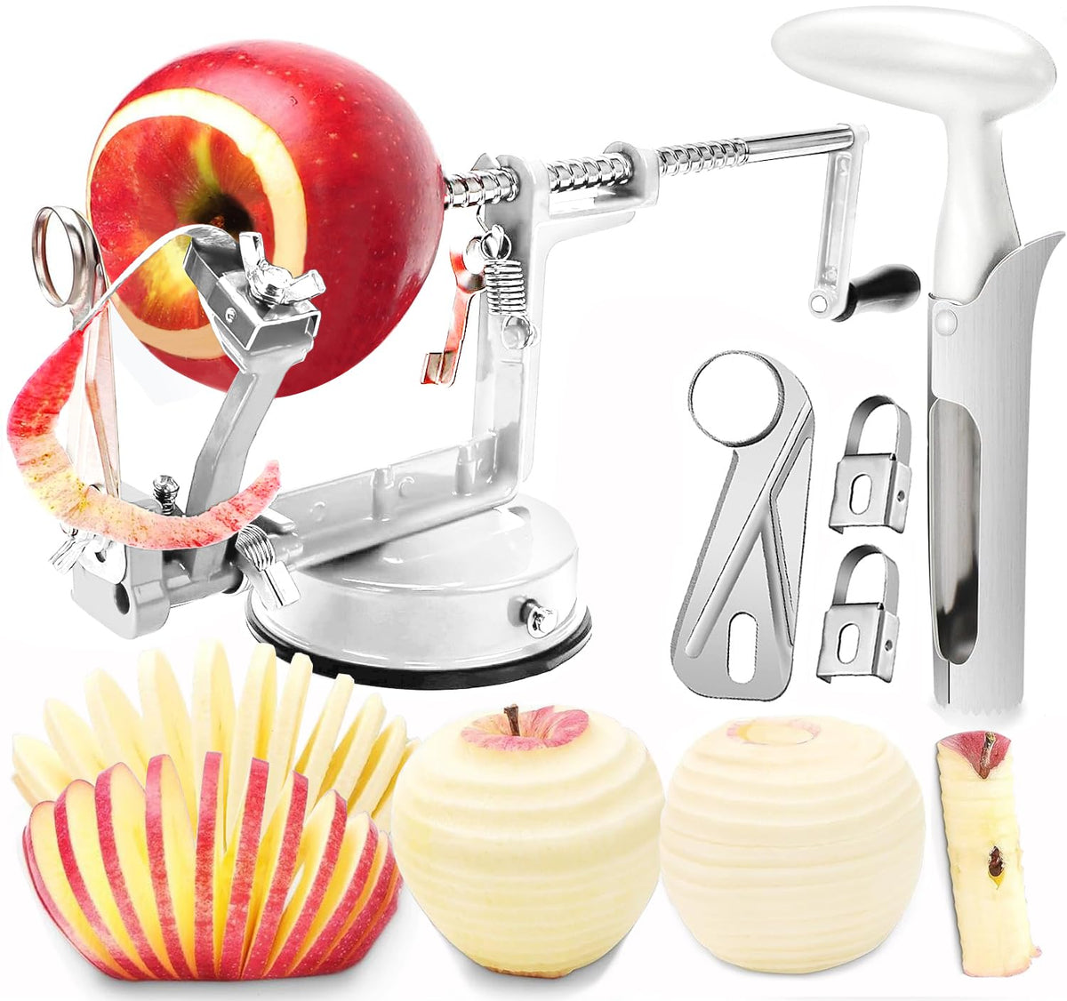 Apple Peeler Corer, 5 In 1 Apple Peeler Slicer Corer with Stainless Steel Blades and Powerful Suction Base for Apples and Potatoes(Ruby)