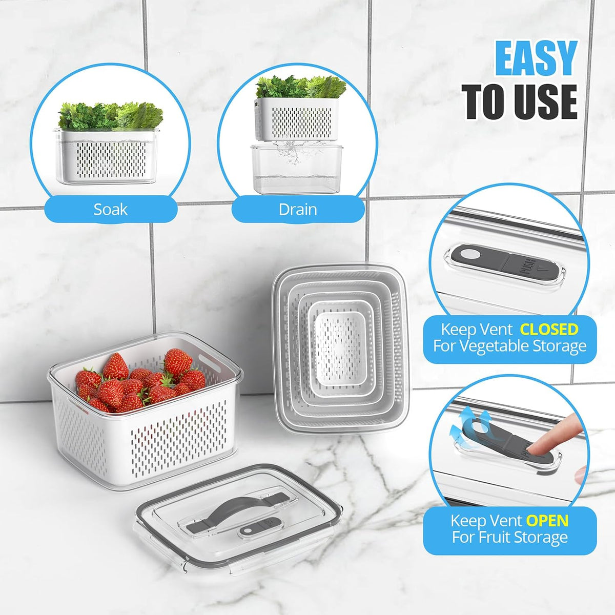 damynuo 5 Pack Fruit Storage Containers for Fridge with Colander, Vent, Lid