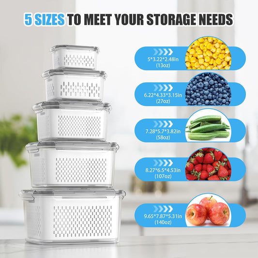 damynuo 5 Pack Fruit Storage Containers for Fridge with Colander, Vent, Lid